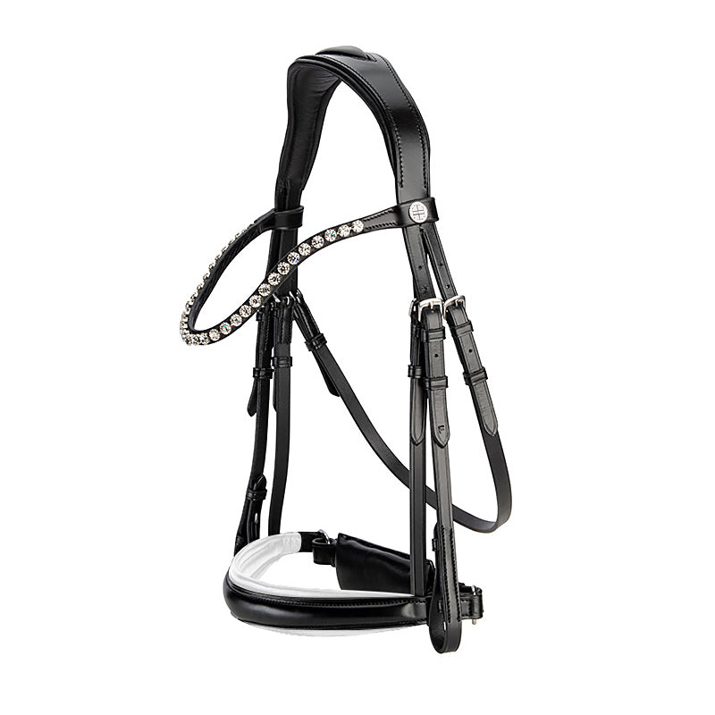 LT Essential Snaffle Bridle Black Patent & White - Cavesson